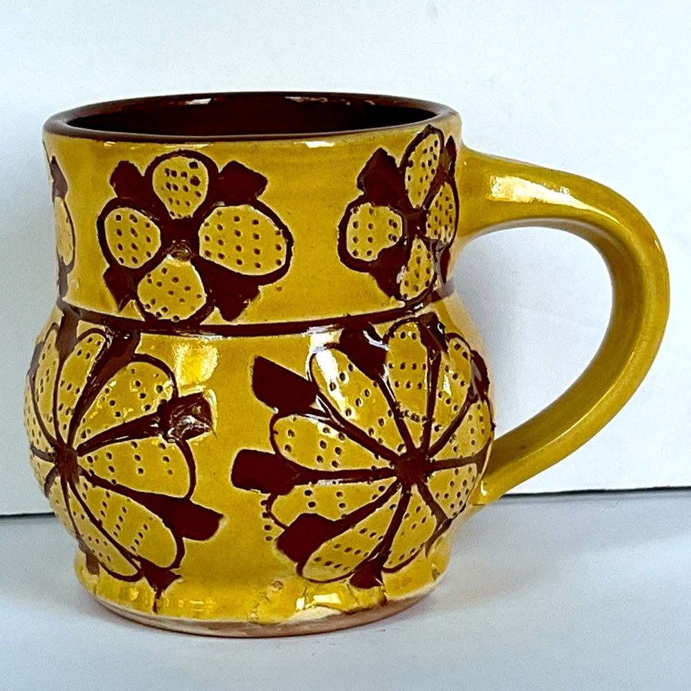Sgraffito Clay Pottery Mug Artisan Hand Carved Pattern Rustic Yellow Brown